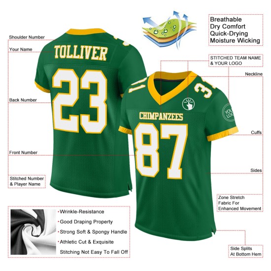 Kelly Custom Green Authentic Mesh Football White-Gold Jersey Kelly Custom Green Authentic Mesh Football White-Gold Jersey