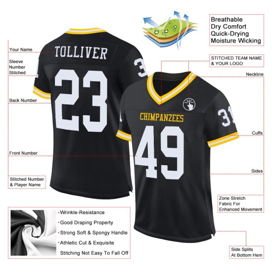 Jersey Authentic White-Gold Throwback Mesh Custom Football Black Jersey Authentic White-Gold Throwback Mesh Custom Football Black
