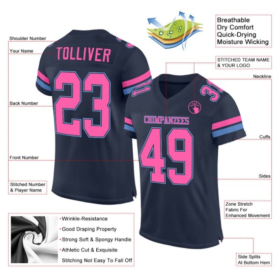 Navy Jersey Authentic Mesh Custom Blue Pink-Light Football Navy Jersey Authentic Mesh Custom Blue Pink-Light Football