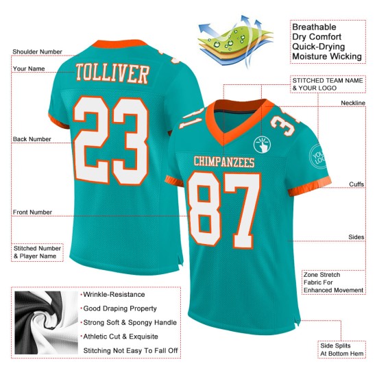 Custom Football Mesh Aqua Jersey White-Orange Authentic Custom Football Mesh Aqua Jersey White-Orange Authentic