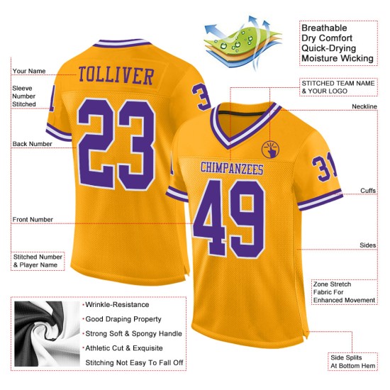 Custom Gold Mesh Purple-White Football Jersey Throwback Authentic Custom Gold Mesh Purple-White Football Jersey Throwback Authentic