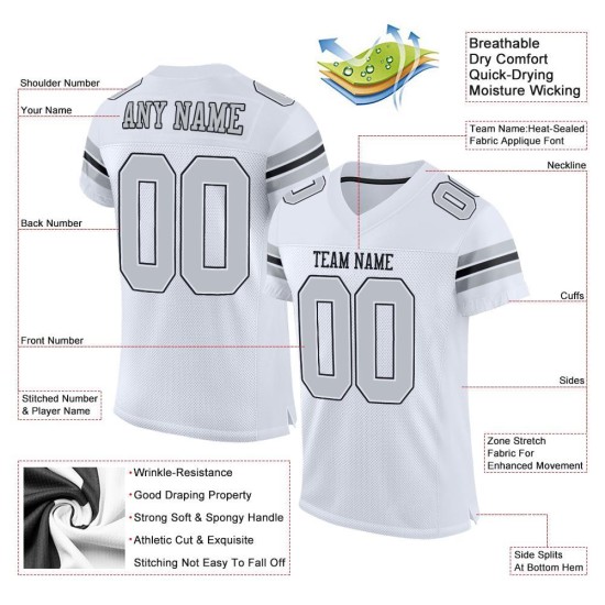 Mesh Custom Football Authentic White Jersey Silver-Black Mesh Custom Football Authentic White Jersey Silver-Black