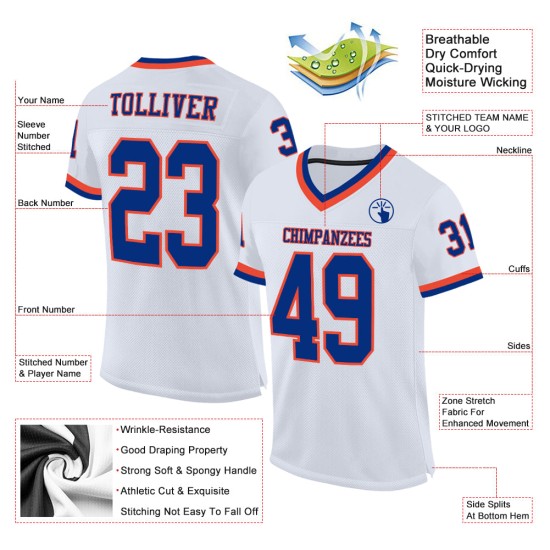 Jersey Royal-Orange Football Authentic White Mesh Throwback Custom Jersey Royal-Orange Football Authentic White Mesh Throwback Custom