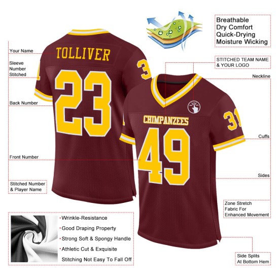 Gold-White Mesh Throwback Burgundy Jersey Authentic Football Custom Gold-White Mesh Throwback Burgundy Jersey Authentic Football Custom
