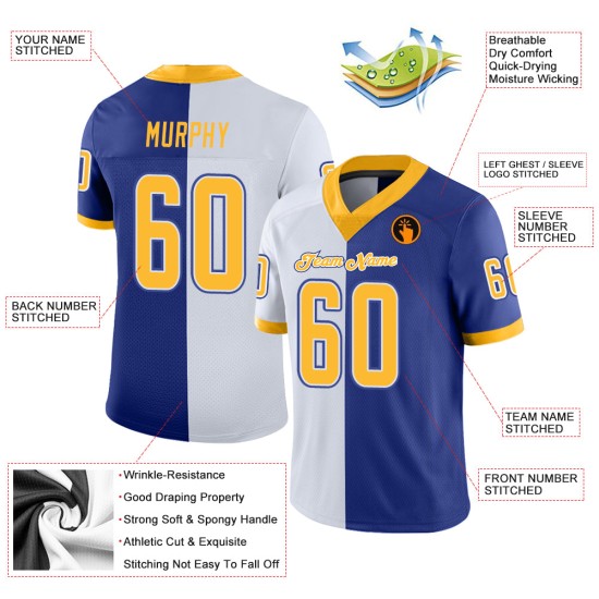 Football Jersey Fashion Royal Split Custom Mesh Gold-White Football Jersey Fashion Royal Split Custom Mesh Gold-White