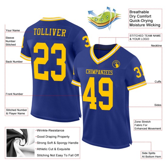 Gold-White Mesh Throwback Royal Custom Football Authentic Jersey Gold-White Mesh Throwback Royal Custom Football Authentic Jersey