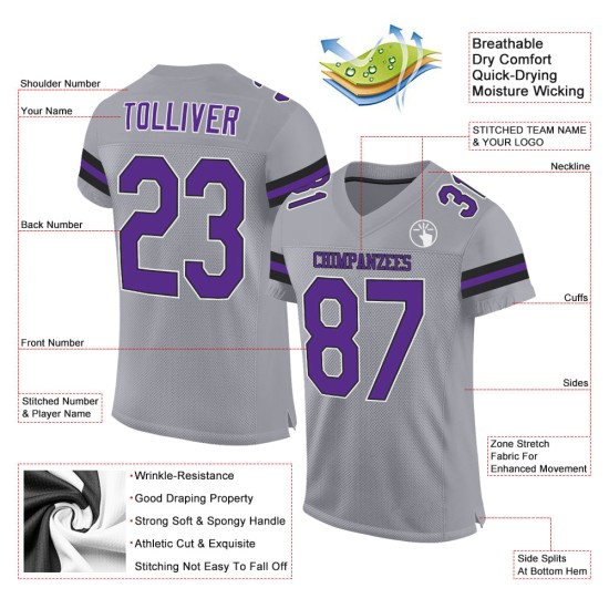 Purple-Black Football Authentic Light Gray Jersey Custom Mesh Purple-Black Football Authentic Light Gray Jersey Custom Mesh