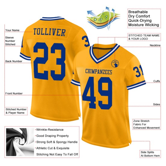 Mesh Jersey Gold Royal-White Throwback Football Authentic Custom Mesh Jersey Gold Royal-White Throwback Football Authentic Custom