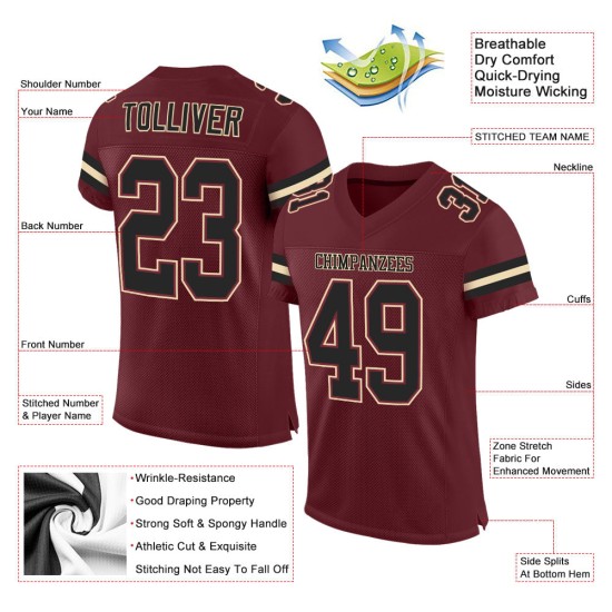 Football Black-Cream Jersey Authentic Burgundy Mesh Custom Football Black-Cream Jersey Authentic Burgundy Mesh Custom