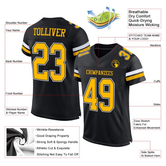 Mesh Custom Football Black Jersey Gold-White Authentic Mesh Custom Football Black Jersey Gold-White Authentic