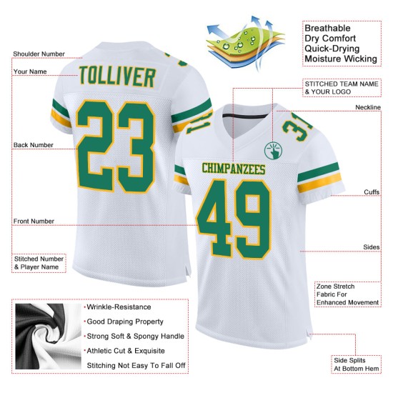 Kelly Authentic Football Mesh White Jersey Custom Green-Gold Kelly Authentic Football Mesh White Jersey Custom Green-Gold