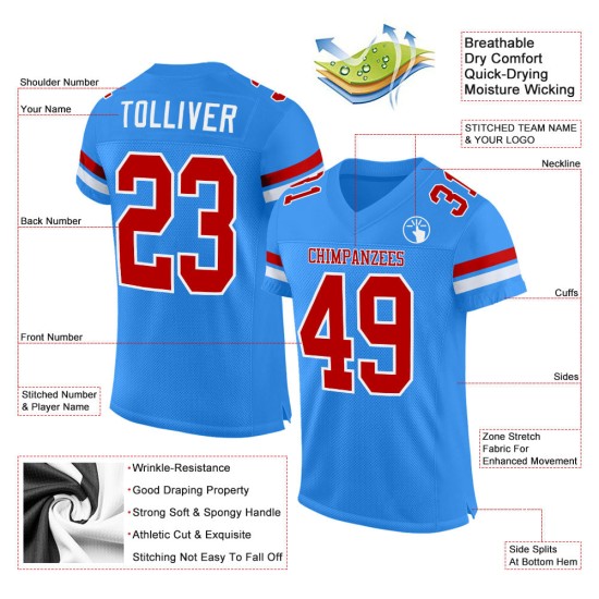 Mesh Authentic Custom Football Red-White Powder Jersey Blue Mesh Authentic Custom Football Red-White Powder Jersey Blue